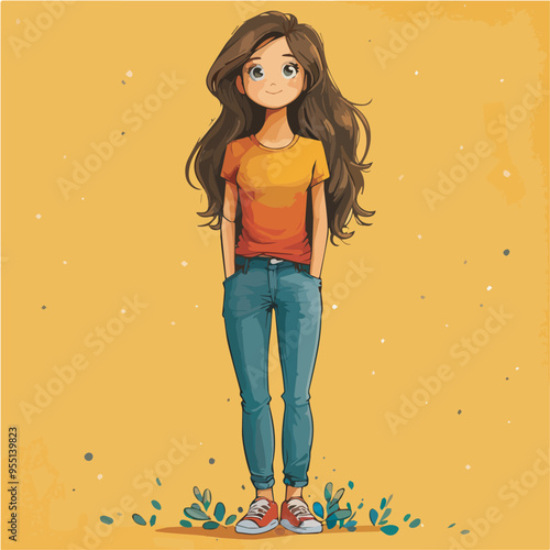 Smiling teenage girl with long brown hair yellow shirt blue jeans and red sneakers standing in front of yellow background with floral elements digital illustration graphic design element