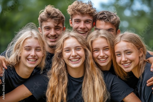 Happy Team Members Smiling and Supporting Each Other on the Grass, Teamwork, Collaboration, Unity, Friends, Group, Success, Togetherness, Strong, Positive, Goal, Achievement, Support, Partnership
