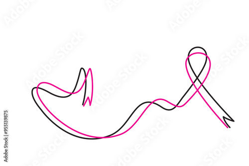 Breast cancer awareness month, ribbon with continuous line art isolated on white background, vector design template for poster
