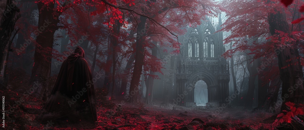 Fototapeta premium Mysterious figure before gothic cathedral in red forest