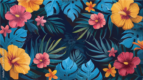 Tropical Background Exotic Flowers Palm Leaves Jungle Pattern Summer Design