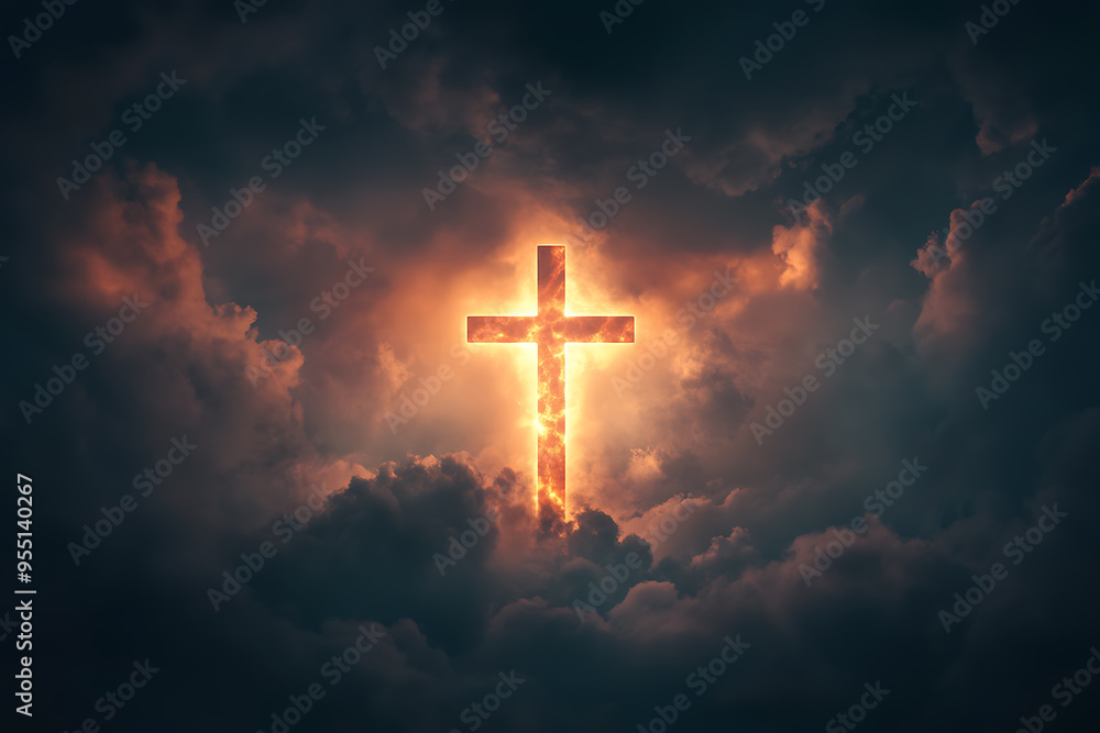 A glowing cross is prominently displayed in a cloudy sky, radiating light through the clouds A glowing cross is prominently displayed in a cloudy sky, radiating light through the clouds