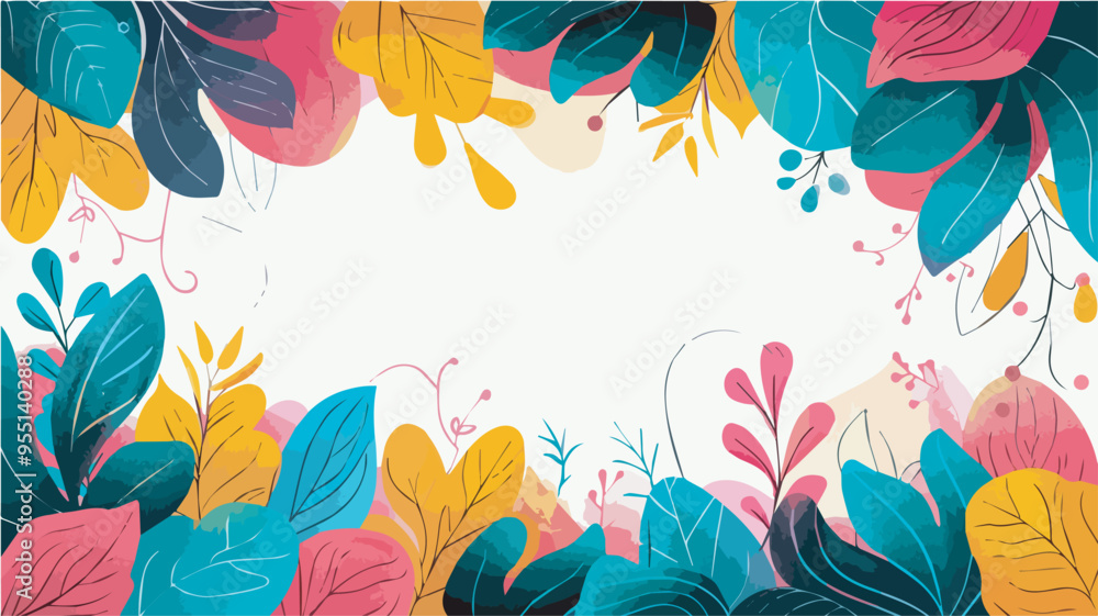 Fototapeta premium Colorful Watercolor Floral Frame Background Illustration Nature Leaves Botanical Summer Spring Autumn Tropical Decoration Design Graphic Drawing Plant Floral Background Wallpaper Invitation Greeting