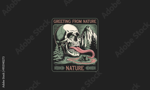 A skull with a long tongue amidst a dark nature scene.