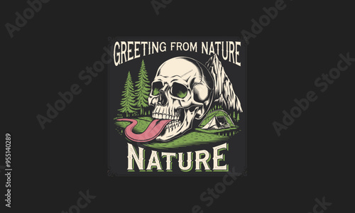A skull with a long tongue amidst a dark nature scene.