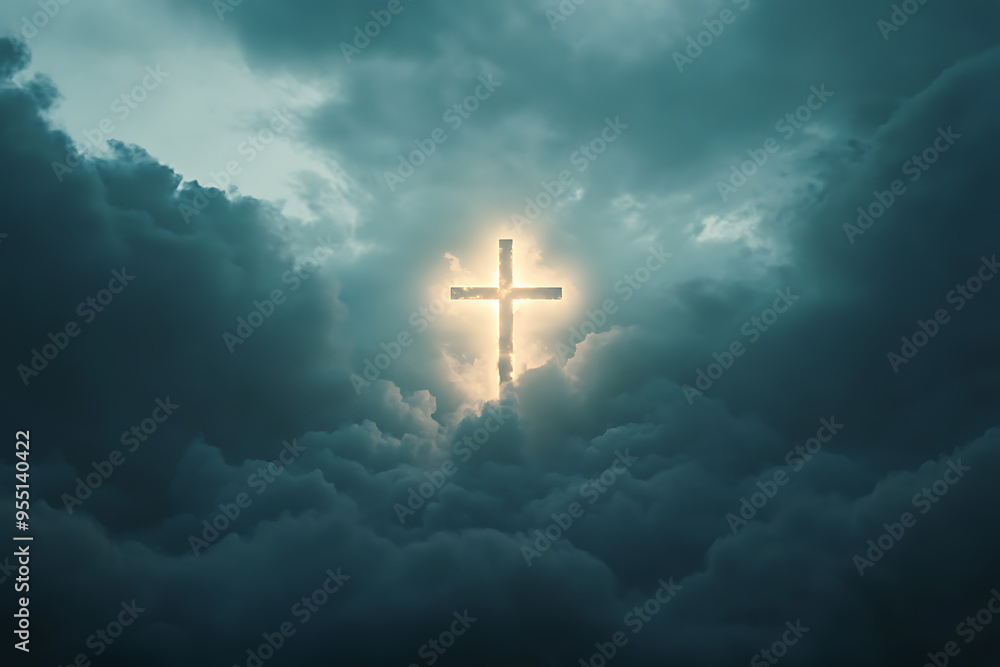Naklejka premium A glowing cross is prominently displayed in a cloudy sky, radiating light through the clouds