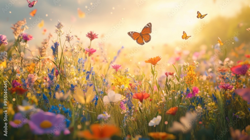 A field of grass dotted with colorful wildflowers, with butterflies fluttering among the blossoms and a bright, sunny sky above. A field of grass dotted with colorful wildflowers, with butterflies fluttering among the blossoms and a bright, sunny sky above.
