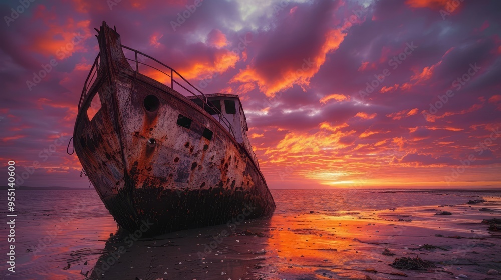 Fototapeta premium Abandoned rusty boat on shore at vibrant sunset