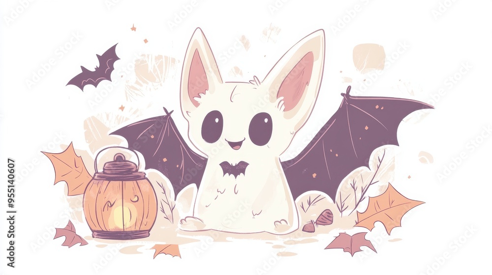 Adorable cartoon bat with large ears and a pumpkin. Perfect for Halloween-themed designs and festive illustrations. Adorable cartoon bat with large ears and a pumpkin. Perfect for Halloween-themed designs and festive illustrations.