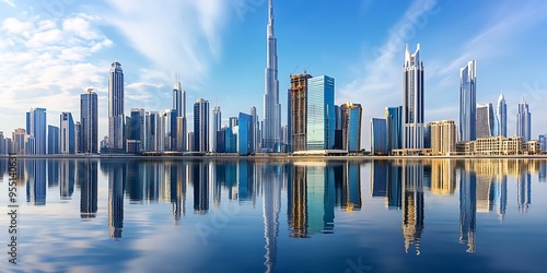 Modern city skyscrapers reflecting in water on a clear day, realistic urban landscape photo
