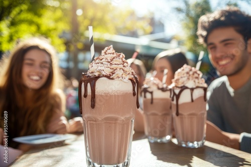 group of friends enjoying chocolate milkshakes at an outdoor cafe, with focus on the milkshakes and their joyful expressions, against a sunny backdrop photo