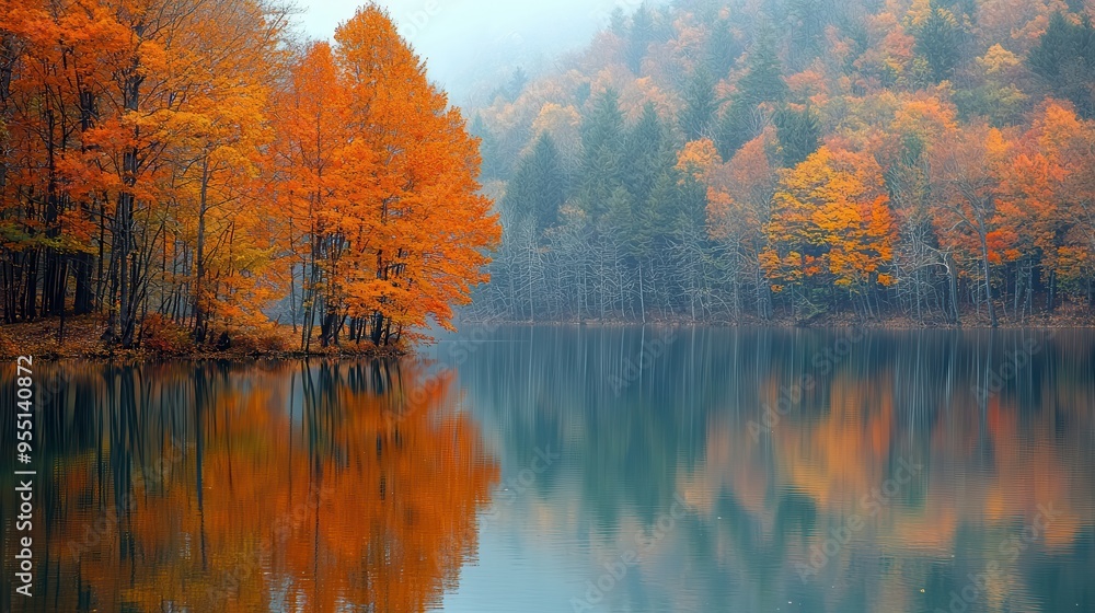 Obraz premium Tranquil Autumn Reflections: Serene Lake Surrounded by Vibrant Trees in Fall Foliage
