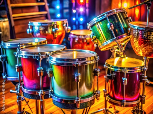 Vibrant colored timbales with intricate metalwork sit atop a wooden drum throne, surrounded by scattered drumsticks and warm stage lighting, evoking lively Latin percussion. photo