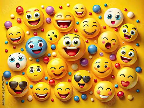 Vibrant, colorful, and playful facial expressions on a yellow background, featuring a variety of smiling emotive icons with different eyes and mouths, conveying happiness and emotions.