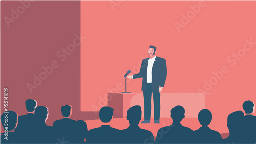 Businessman giving speech at conference meeting presentation executive leader speaking to audience corporate training seminar concept