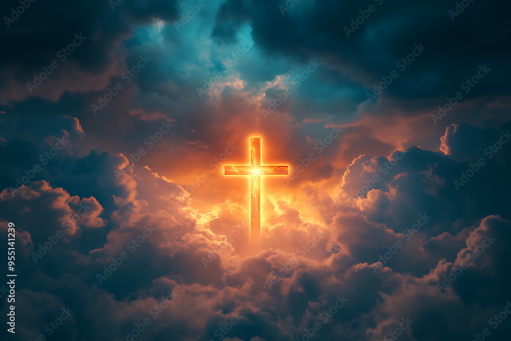 A glowing cross is prominently displayed in a cloudy sky, radiating light through the clouds A glowing cross is prominently displayed in a cloudy sky, radiating light through the clouds