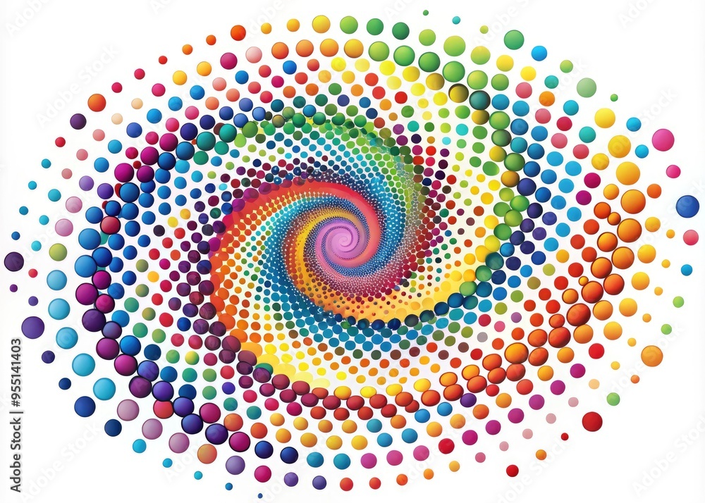 Vibrant colorful dots in a twisted spiral pattern swirl together in a mesmerizing dance, creating a whimsical and dynamic abstract design on a white background. Vibrant colorful dots in a twisted spiral pattern swirl together in a mesmerizing dance, creating a whimsical and dynamic abstract design on a white background.