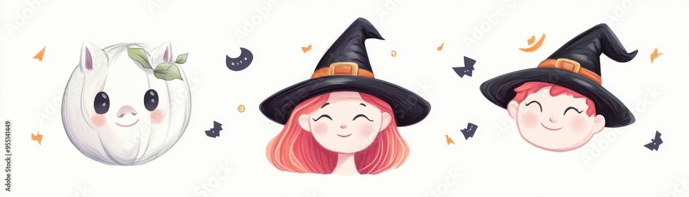 Charming Halloween illustrations featuring a friendly ghost, a witch girl, and a happy boy in festive hats and playful designs. Charming Halloween illustrations featuring a friendly ghost, a witch girl, and a happy boy in festive hats and playful designs.