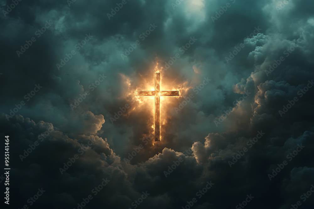 A glowing cross is prominently displayed in a cloudy sky, radiating light through the clouds A glowing cross is prominently displayed in a cloudy sky, radiating light through the clouds