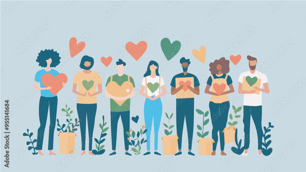 Fototapeta premium Diverse People Holding Hearts Charity Donation Support Empathy Community Love Teamwork Volunteers Togetherness Illustration Background