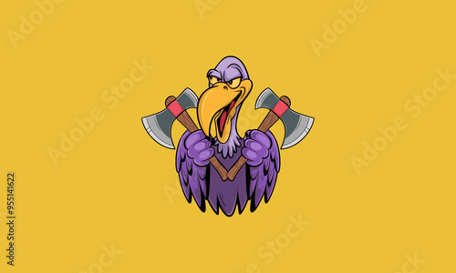 A purple vulture holding two crossed axes with a mischievous expression