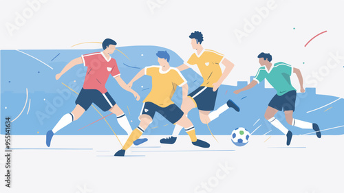 Four soccer players playing soccer game illustration sport athlete competition match tournament team championship field goal football stadium athletic player uniform sportswear background concept