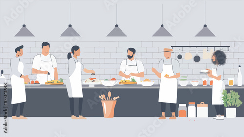 Diverse group of people cooking together in kitchen culinary class teamwork food preparation