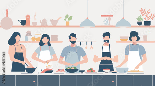 Group of people cooking healthy food together in modern kitchenillustration for teamwork culinary hobby concept website blog article social media post design