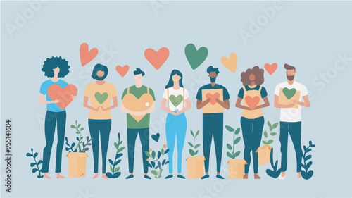Diverse People Holding Hearts Charity Donation Support Empathy Community Love Teamwork Volunteers Togetherness Illustration Background