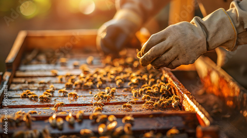 A beekeeper taking care of his hives. Honey bees and organic honey production, documentary style of photography. Professional beekeeper working in his apiary and bee-garden, close up shot.