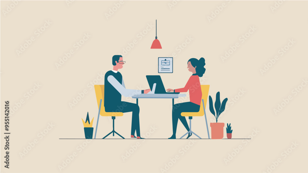 Business meeting teamwork office worker discussion collaboration coworker male female team leader laptop computer desk plant illustration graphic design element modern minimal flat vector graphic art Business meeting teamwork office worker discussion collaboration coworker male female team leader laptop computer desk plant illustration graphic design element modern minimal flat vector graphic art