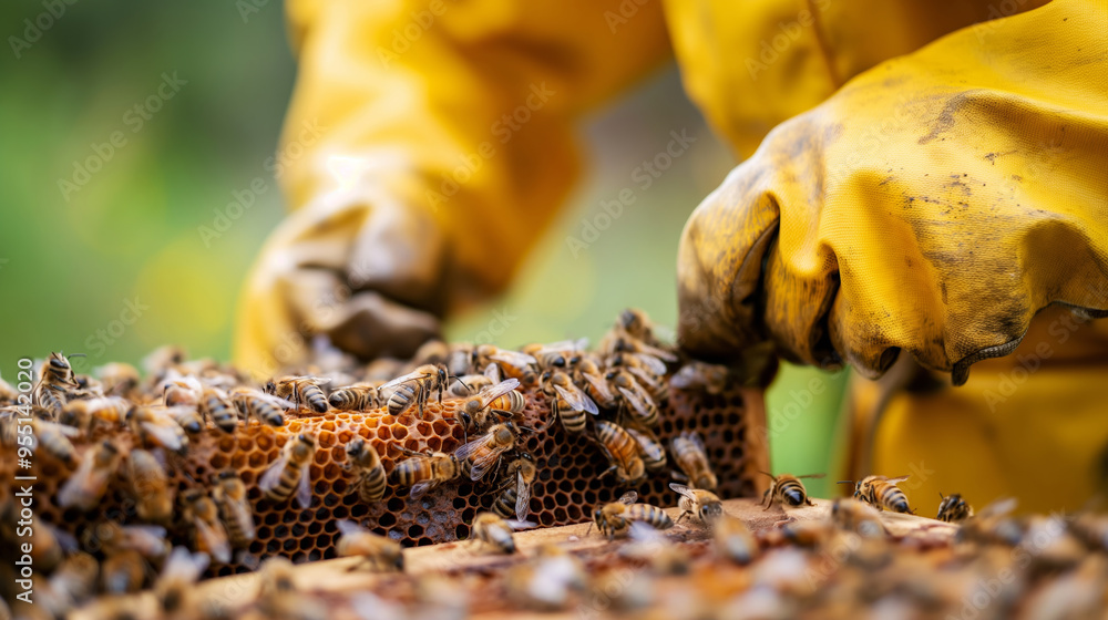 A beekeeper taking care of his hives. Honey bees and organic honey production, documentary style of photography. Professional beekeeper working in his apiary and bee-garden, close up shot. A beekeeper taking care of his hives. Honey bees and organic honey production, documentary style of photography. Professional beekeeper working in his apiary and bee-garden, close up shot.