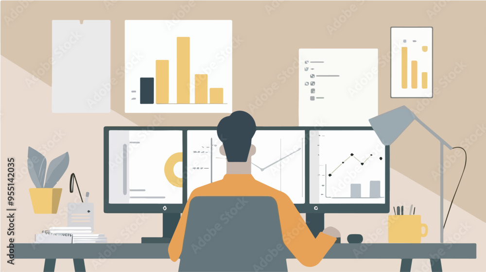 Businessman analyzing data on multiple computer screens at desk office workplace workspace business analytics data analysis financial analysis trading stock market investment modern office worker Businessman analyzing data on multiple computer screens at desk office workplace workspace business analytics data analysis financial analysis trading stock market investment modern office worker