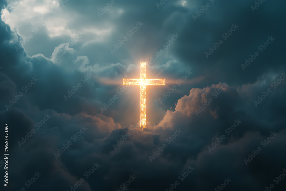 A glowing cross is prominently displayed in a cloudy sky, radiating light through the clouds A glowing cross is prominently displayed in a cloudy sky, radiating light through the clouds