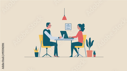 Business meeting teamwork office worker discussion collaboration coworker male female team leader laptop computer desk plant illustration graphic design element modern minimal flat vector graphic art