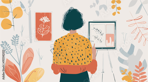Woman designing botanical illustrations surface pattern design floral artwork digital artist drawing on tablet freelance creative entrepreneur working from home office online business owner background