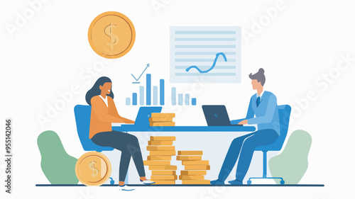 Business success illustration financial planning teamwork concept finance management successful business team working together with growth chart increasing profit strategy analysis with laptop money