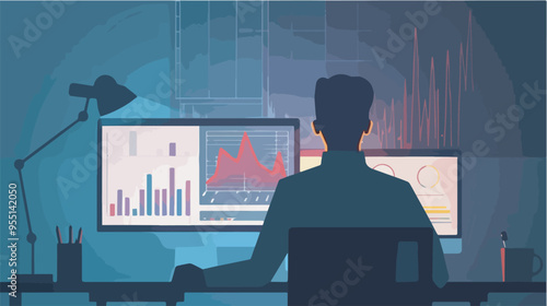 Businessman working late night office analyzing data charts graphs computer screen trading financial analysis investment strategy stock market trader economic research candlestick charts economic