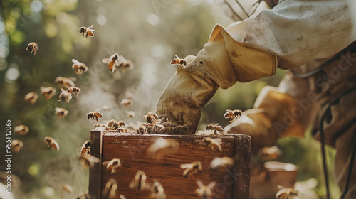 A beekeeper taking care of his hives. Honey bees and organic honey production, documentary style of photography. Professional beekeeper working in his apiary and bee-garden, close up shot. photo