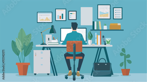 Man working at desk in home officeremote work freelancer online business entrepreneur workplace desk computer mockup design graphic designer illustration work from home modern office space blue
