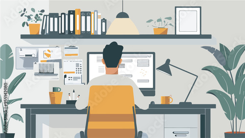 Man working at desk at home office home office setup freelancer working from home remote work work from home workspace home interior