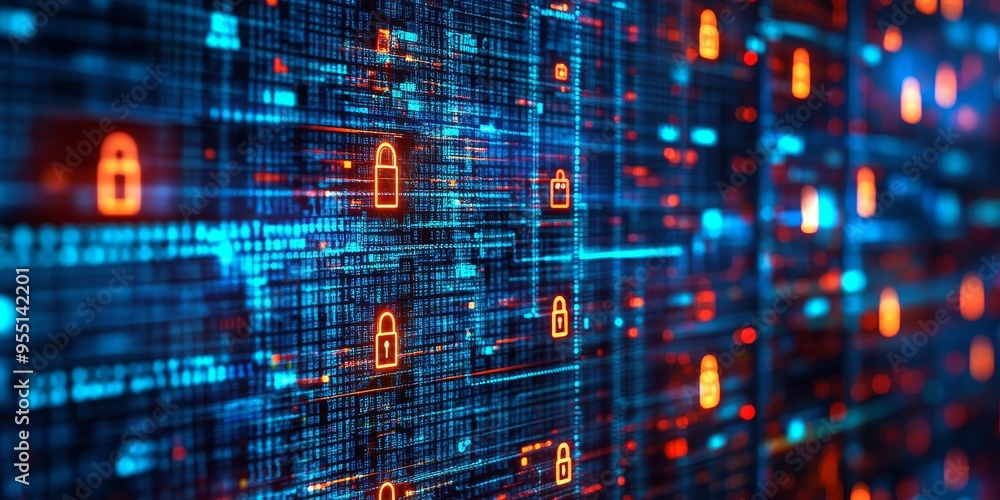 Fototapeta premium Close-up of a cybersecurity dashboard with security protocols in place, featuring a grid of codes and a lock icon to indicate data protection measures