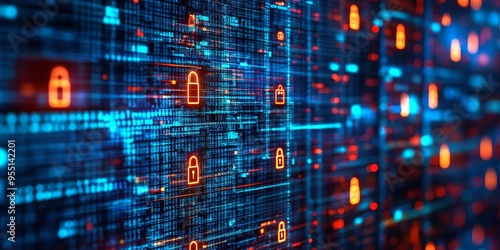 Close-up of a cybersecurity dashboard with security protocols in place, featuring a grid of codes and a lock icon to indicate data protection measures