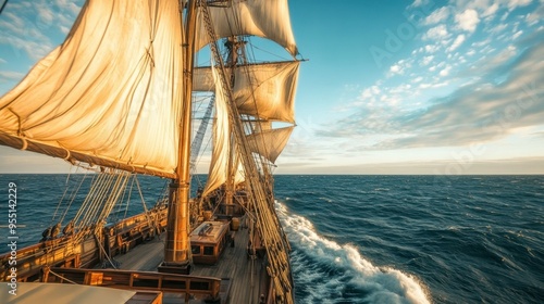 A historic wooden sailing ship with tall masts and billowing white sails navigating through the open ocean, with the horizon stretching out ahead.