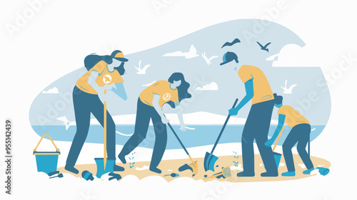 Group of people cleaning beach volunteers collecting garbage on seashore ecology and environment concept plastic pollution problem ocean pollution awareness volunteers cleaning up trash from beach