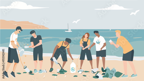 Group Of People Volunteers Cleaning Beach Collecting Trash On Seashore Putting In Bags Plastic Pollution Ecology Protection Concept Illustration