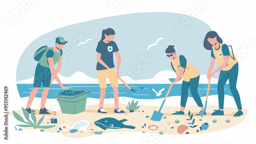 Group Of Volunteers Cleaning Beach Picking Up Trash Environmental Protection Ecology ConceptIllustration On Background