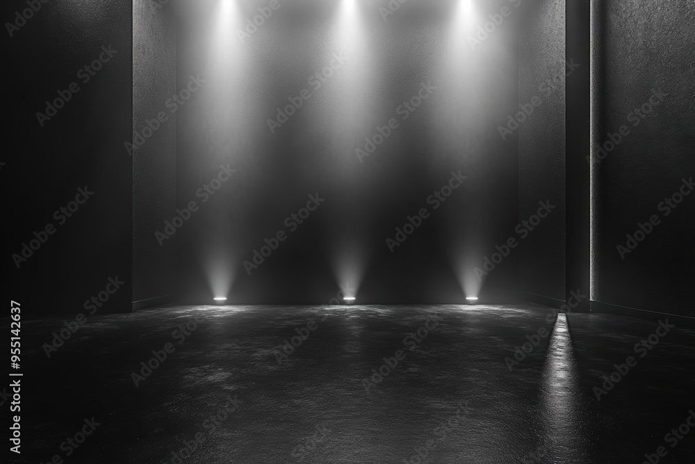 Obraz premium Minimalist black podium with warm light for product display.