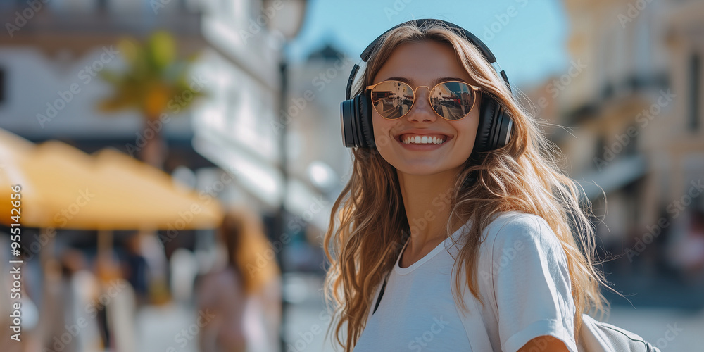 A woman wearing sunglasses and headphones is smiling A woman wearing sunglasses and headphones is smiling