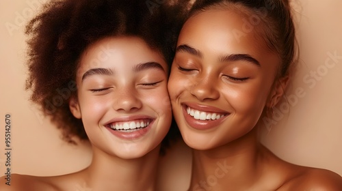 Smiling Diverse Young Women Bonding with Closed Eyes on Beige Background